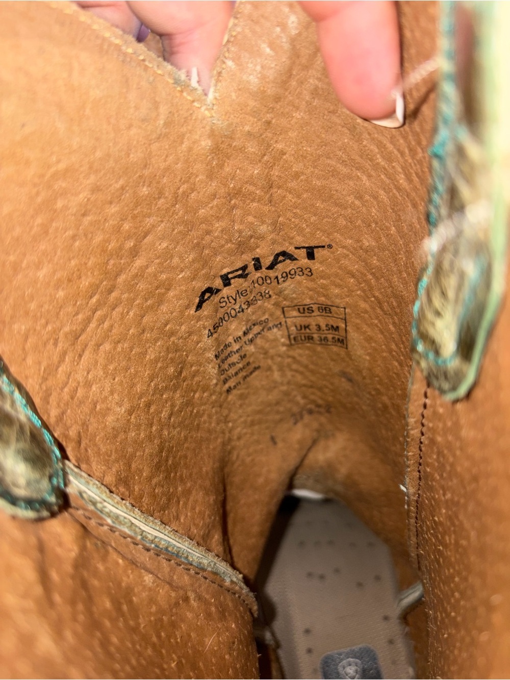 Ariat Tan Leather Boot Interior with Turquoise Stitching Detail